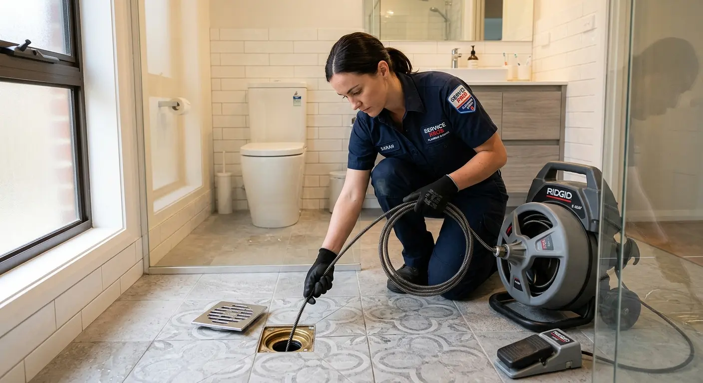 Technician clearing a bathroom floor drain for Drain Cleaning in York